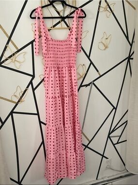 Pink Square-Print Maxi Dress with Tie Straps